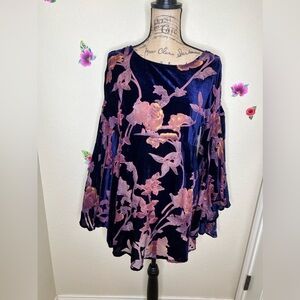 Free People Rare Piece Navy & Pink Velvet Floral Bell Sleeve Sheer Dress Size XS